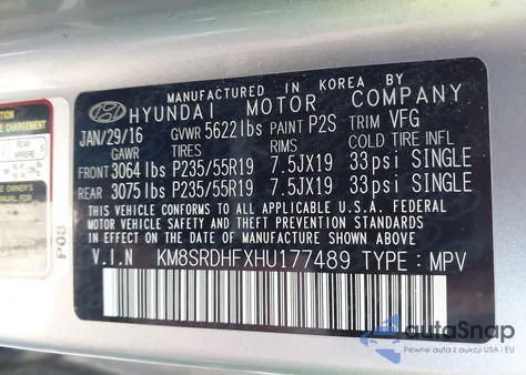 2017 Hyundai Santa Fe Se Ultimate from USA, damaged, VIN KM8SRDHFXHU177489